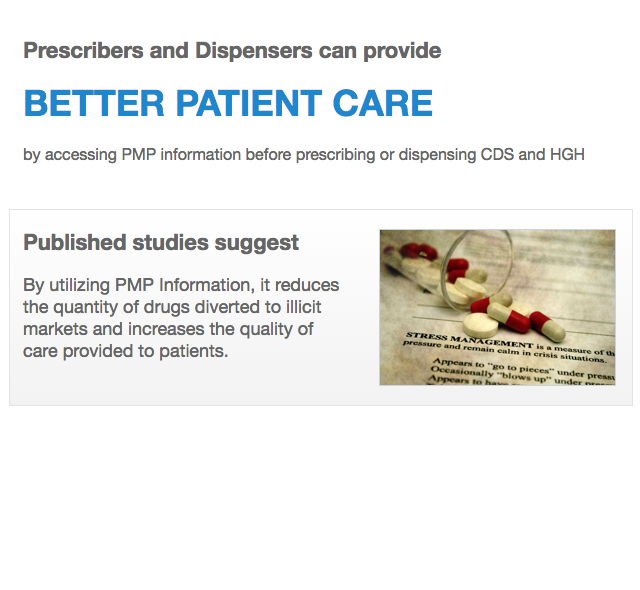 Practitioners and Dispensers can provide better patient care by accessing PMP info before prescribing or dispensing CDS and HGH