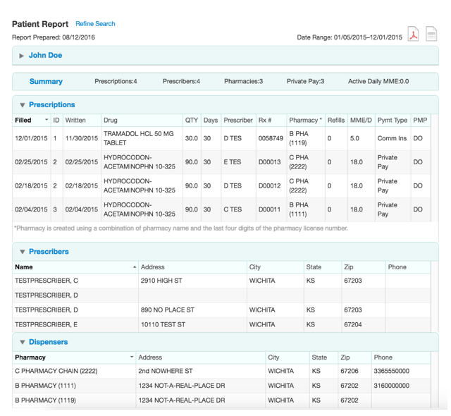 Screenshot of a PMP patient report