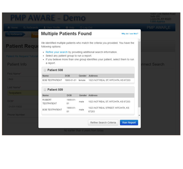 Screenshot of multiple patients found