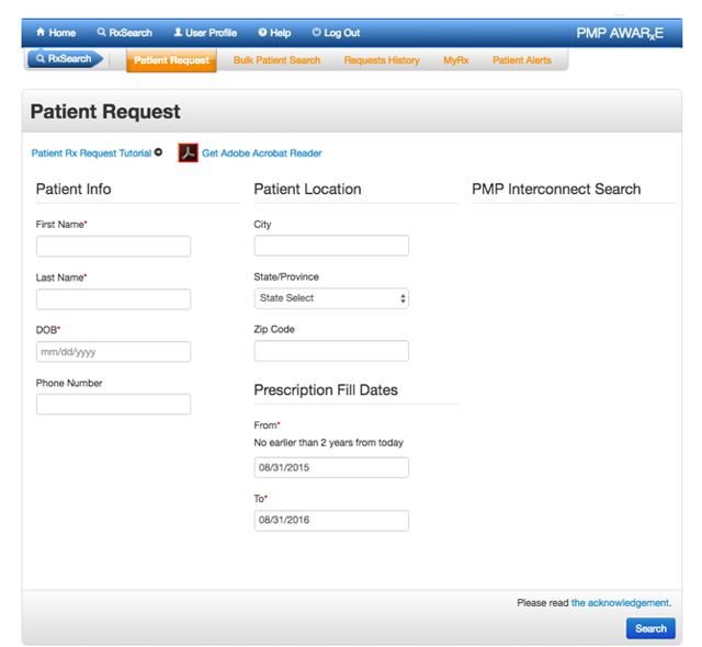 Screenshot of Patient Search Screen